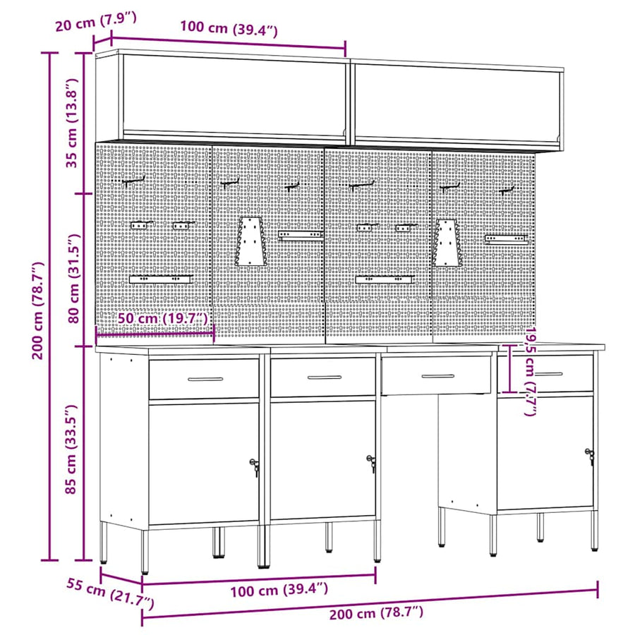 Werkkast set met lade met opslag met slot 10 pcs Zwart