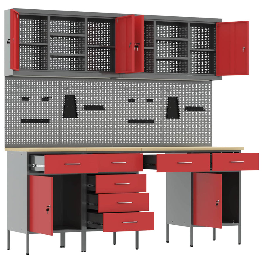Werk kast met lade 10 pcs Rood Engineered hout en staal