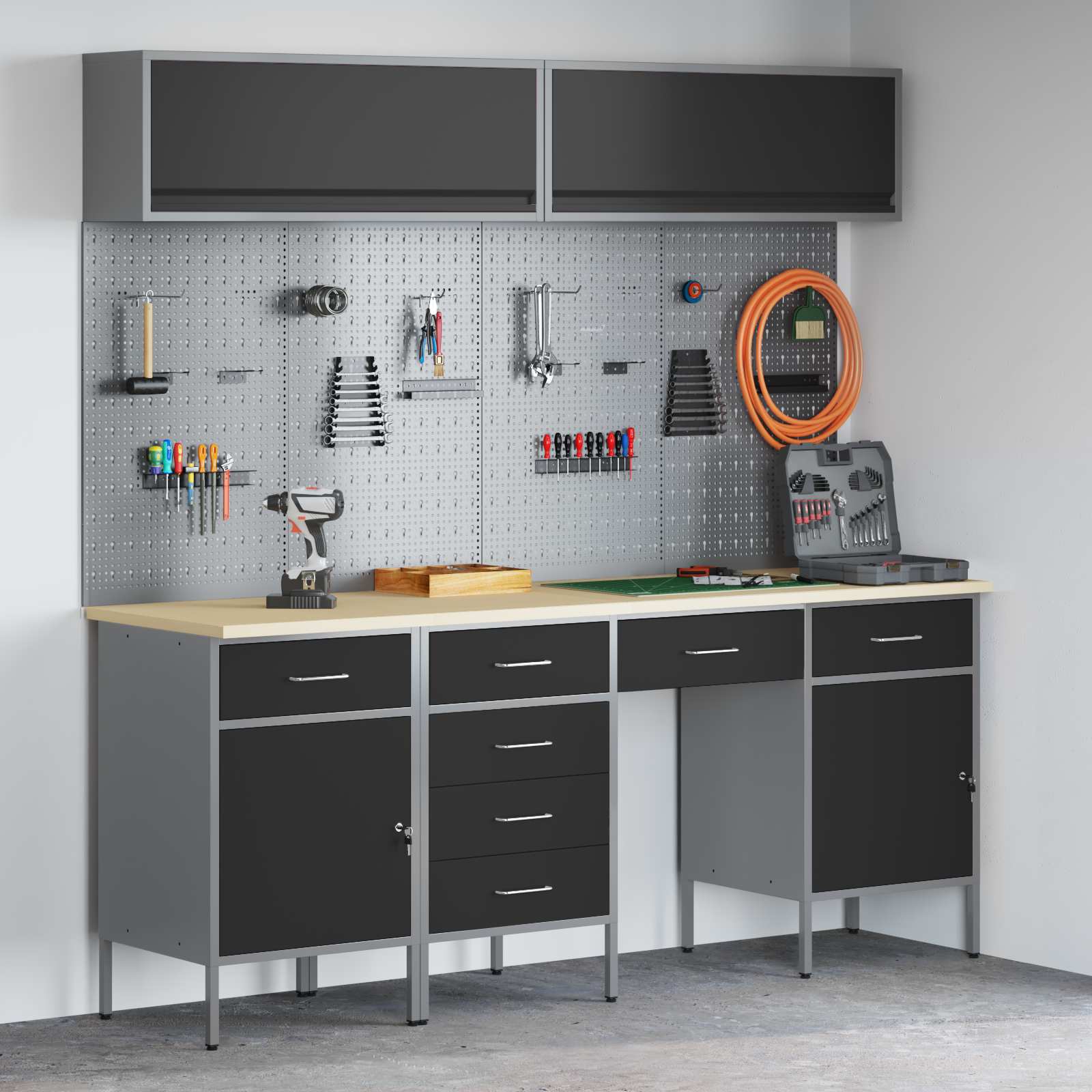 Werkkast set met lade met opslag met slot 10 pcs Zwart