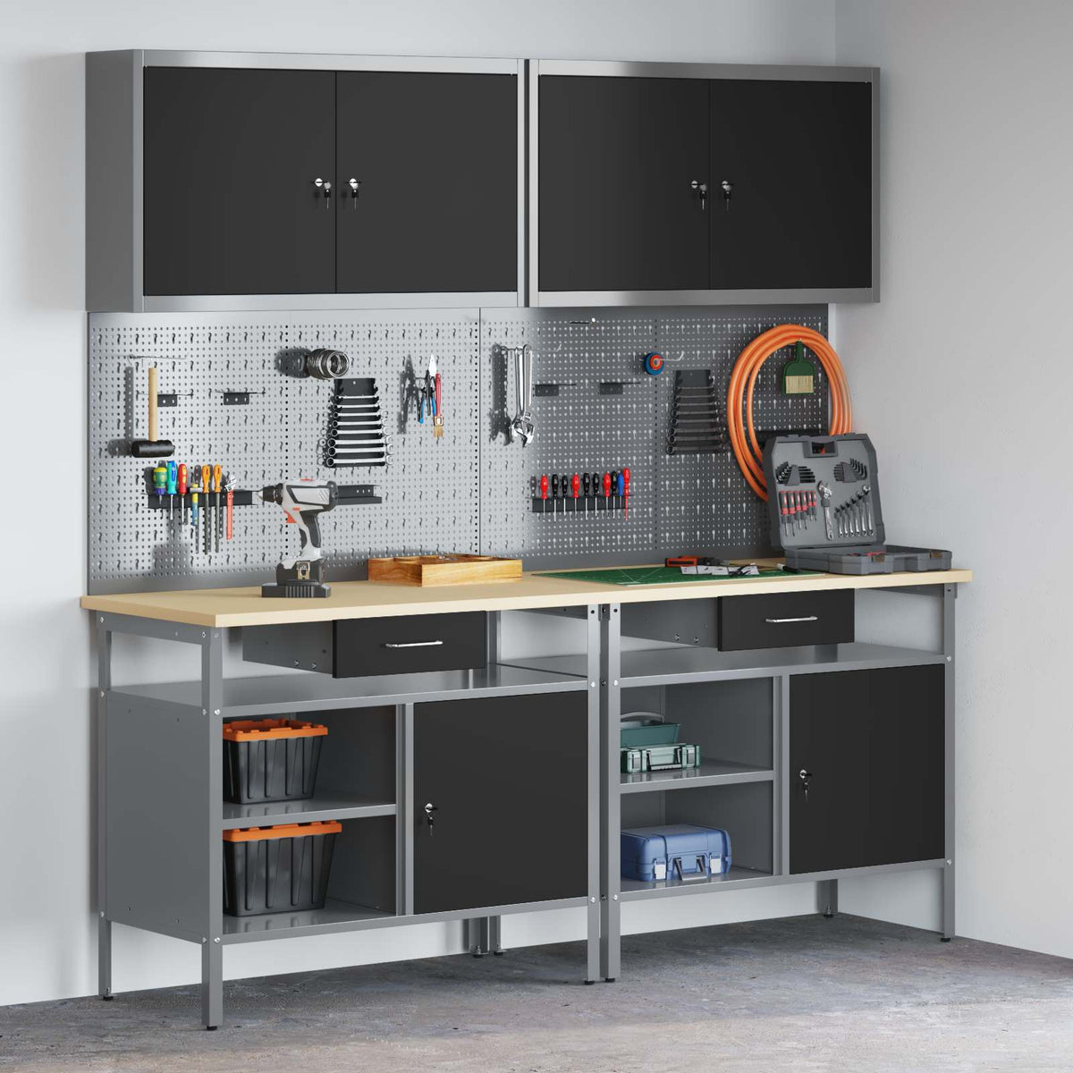 Werkbankset met lade 8 pcs Zwart en Grijs Gepoedercoat staal