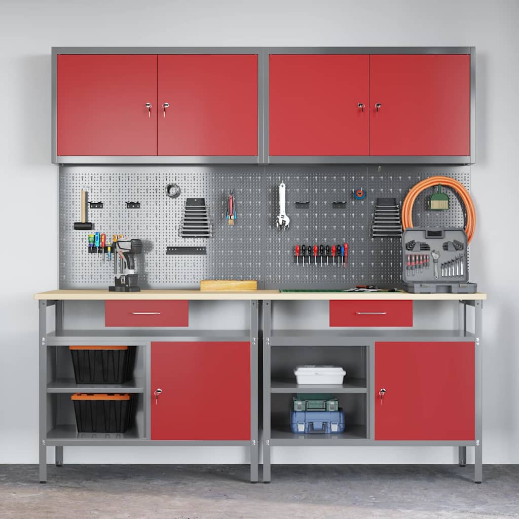 Werkbankset met lade 8 pcs Rood en Grijs Gepoedercoat staal