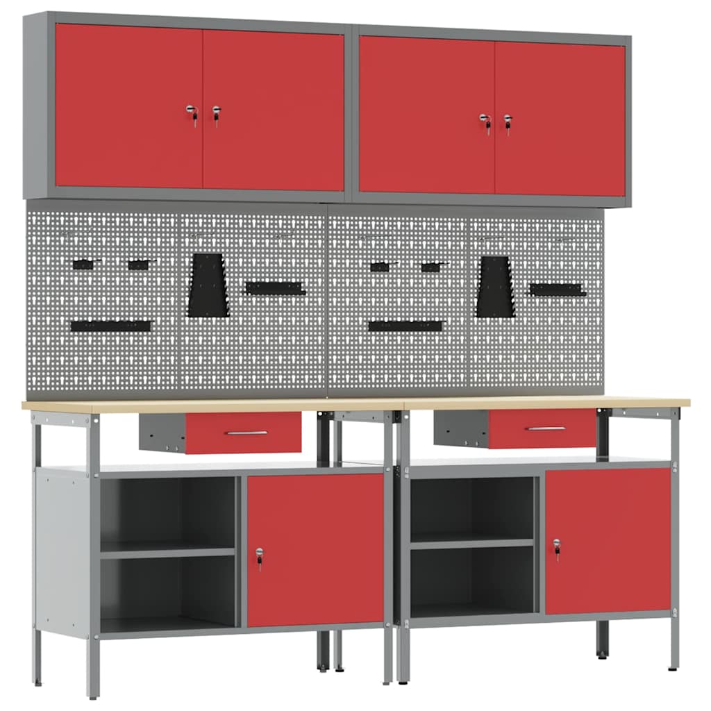 Werkbankset met lade 8 pcs Rood en Grijs Gepoedercoat staal