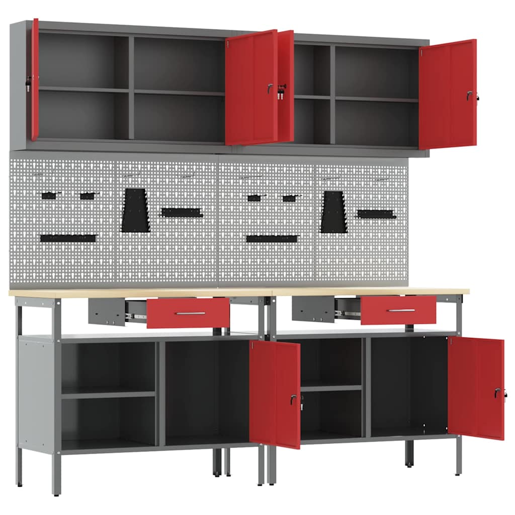 Werkbankset met lade 8 pcs Rood en Grijs Gepoedercoat staal