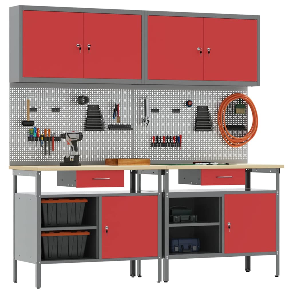 Werkbankset met lade 8 pcs Rood en Grijs Gepoedercoat staal