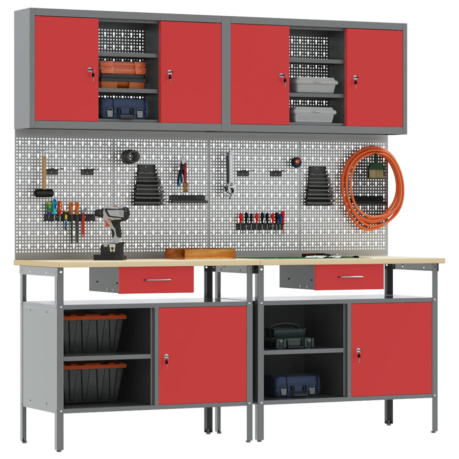 Werkbankset met lade 8 pcs Rood en Grijs Gepoedercoat staal