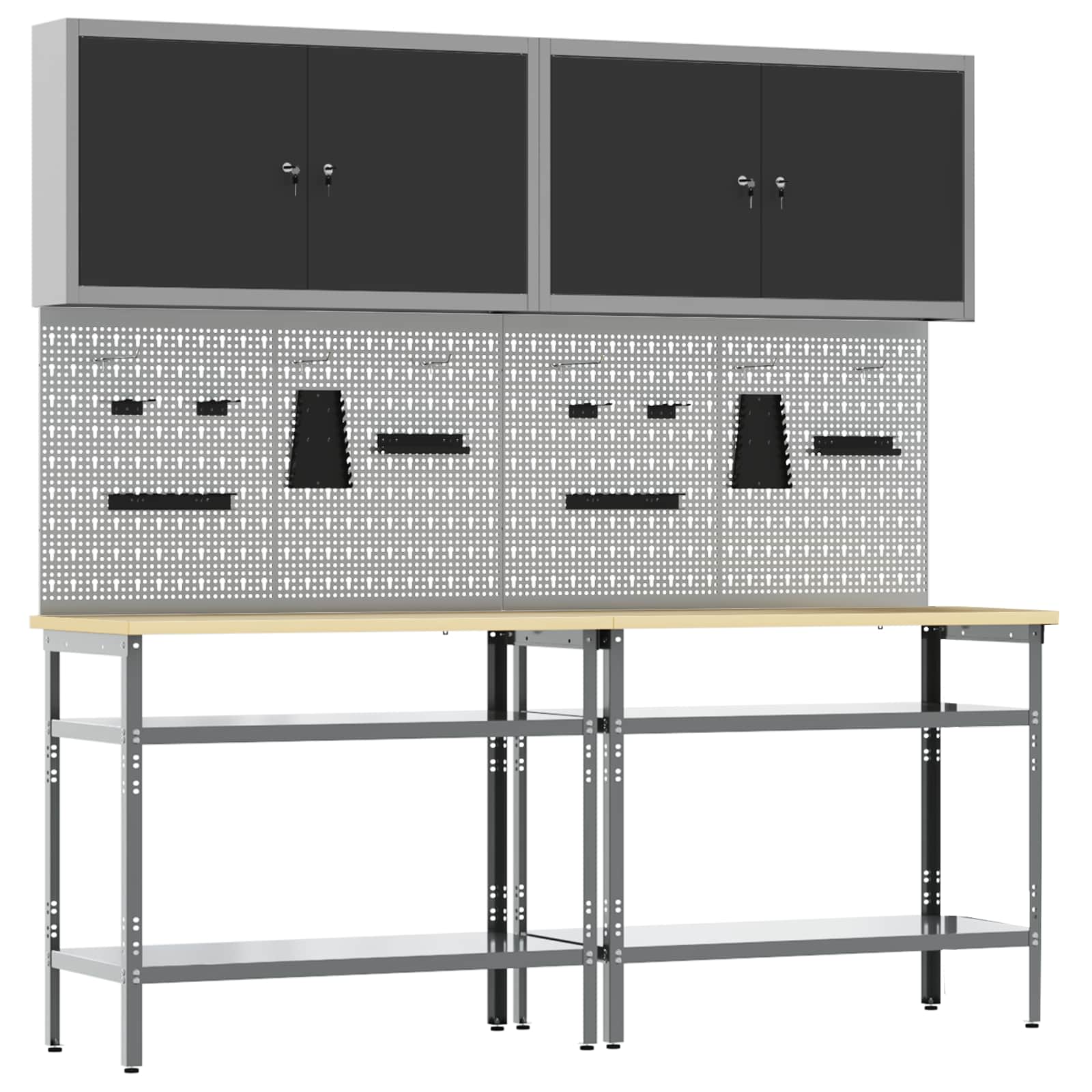 Werkbankset met plank 8 pcs Zwart en Grijs Gepoedercoat staal