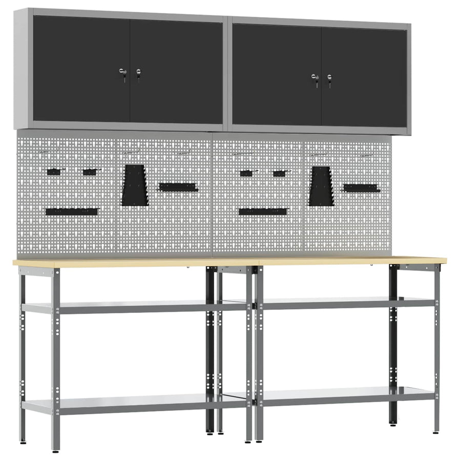 Werkbankset met plank 8 pcs Zwart en Grijs Gepoedercoat staal