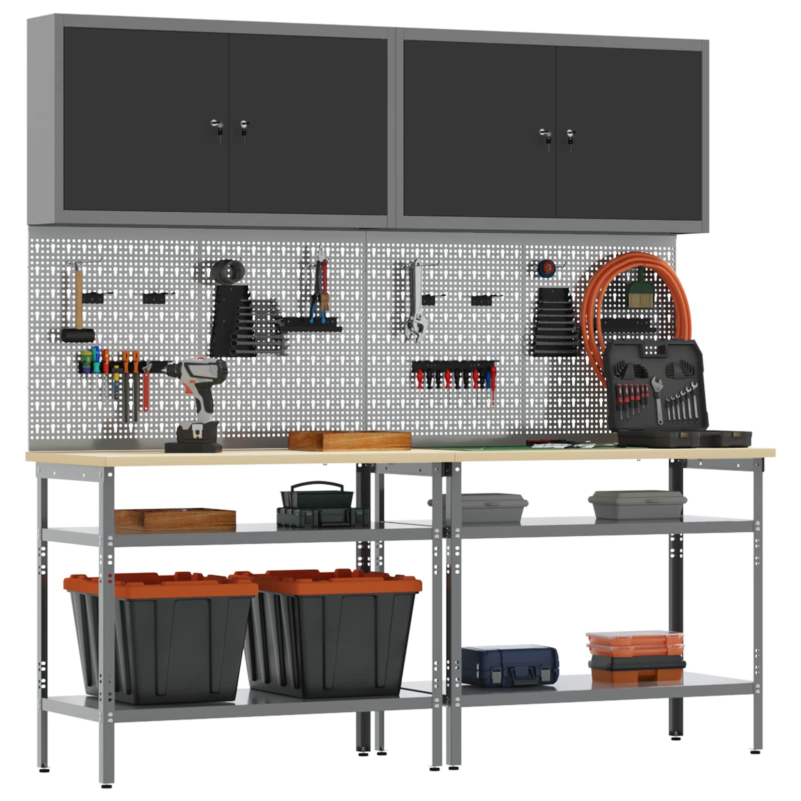Werkbankset met plank 8 pcs Zwart en Grijs Gepoedercoat staal