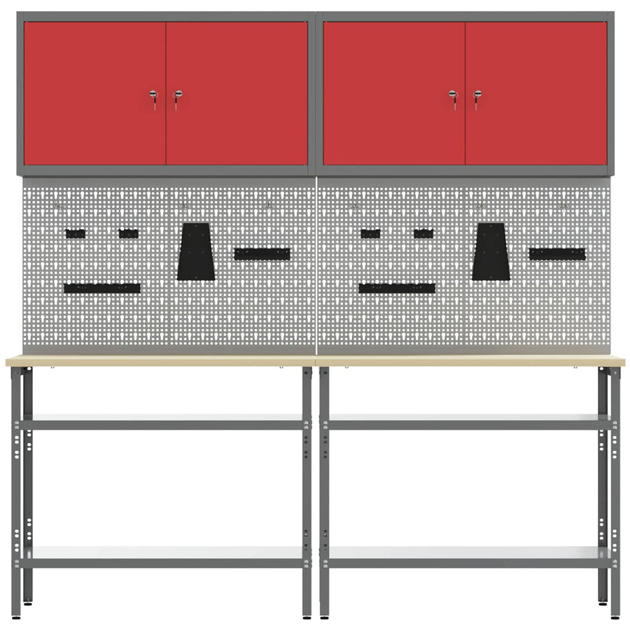 Werkbankset met plank 8 pcs Rood en Grijs Gepoedercoat staal