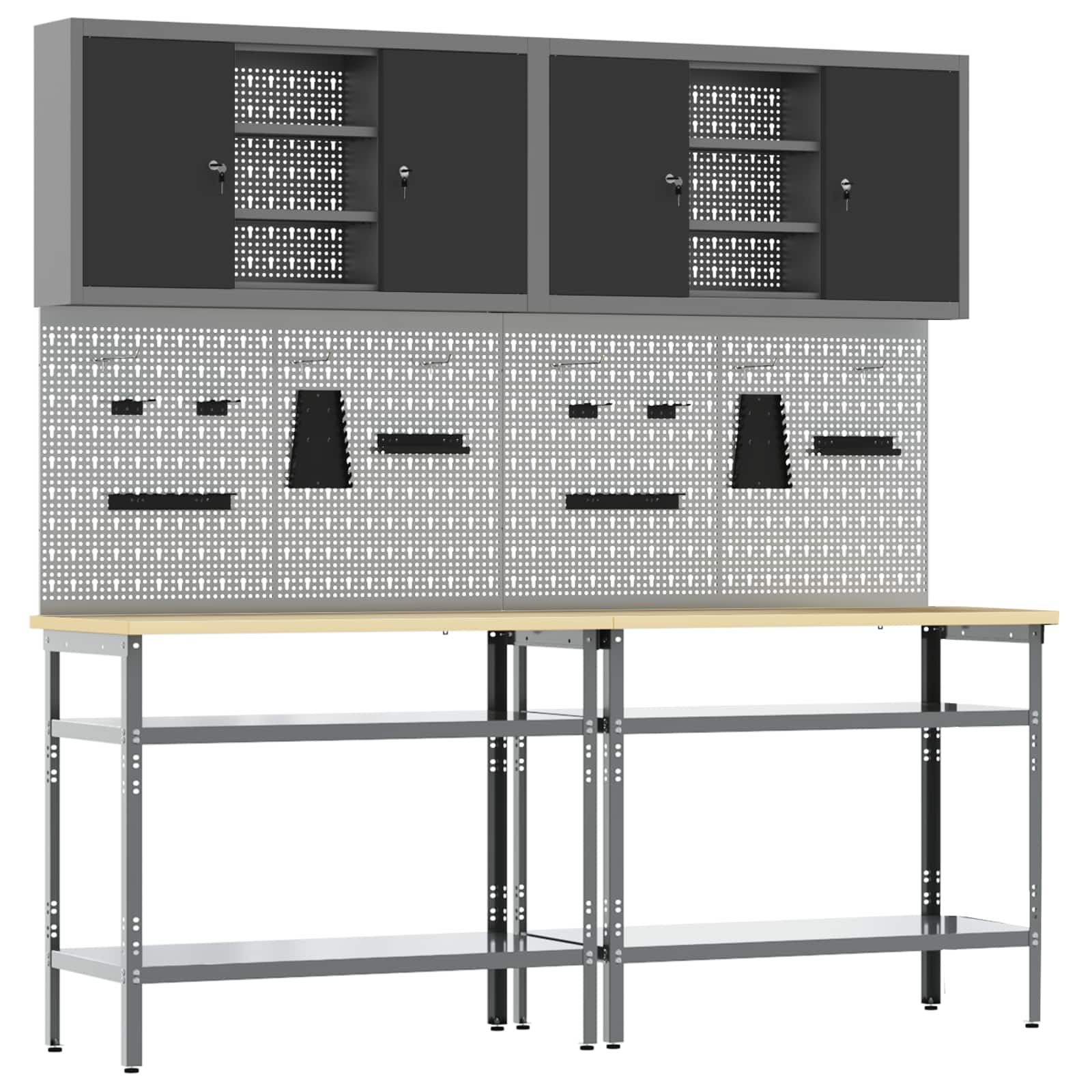 Werkbankset met plank 8 pcs Zwart en Grijs Gepoedercoat staal