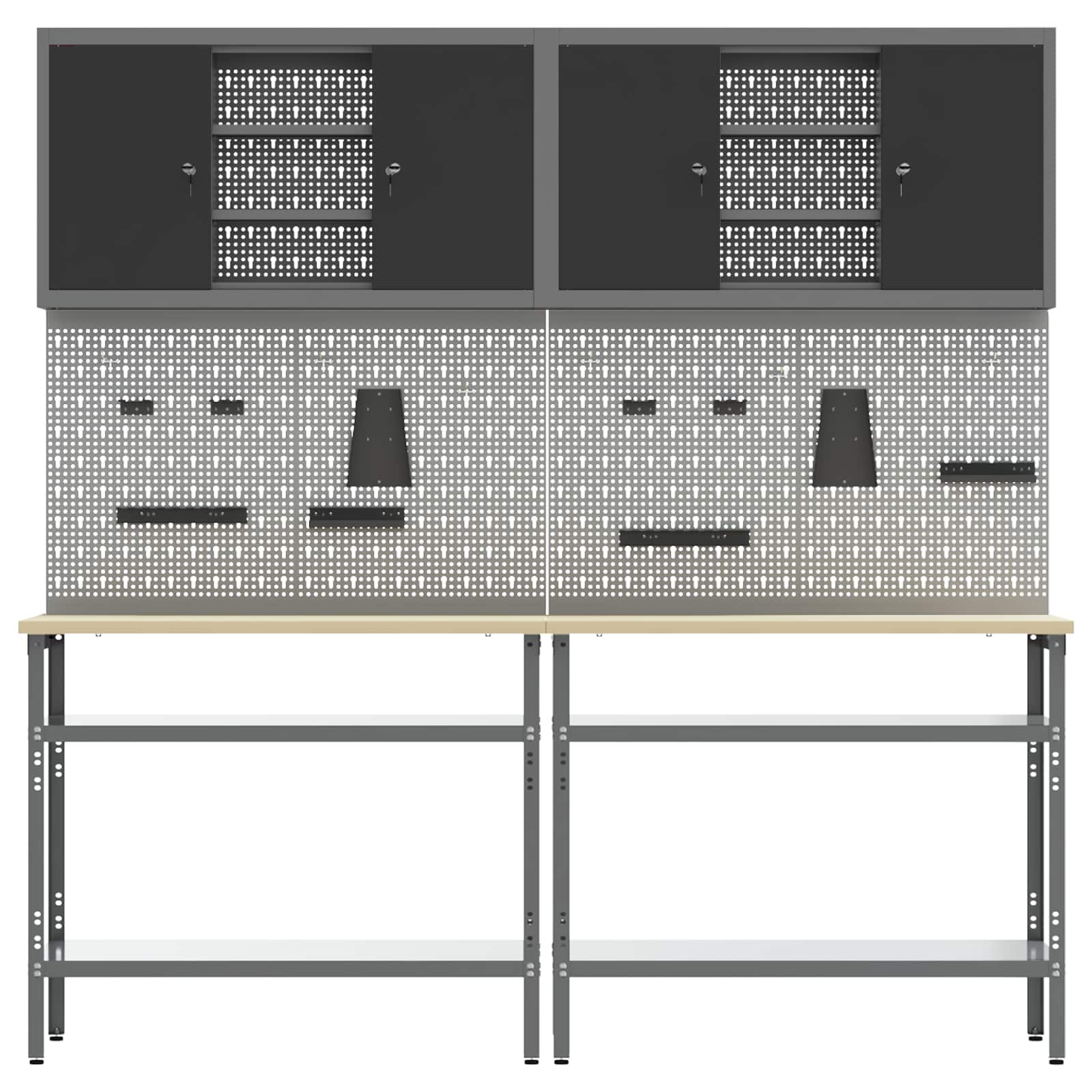 Werkbankset met plank 8 pcs Zwart en Grijs Gepoedercoat staal