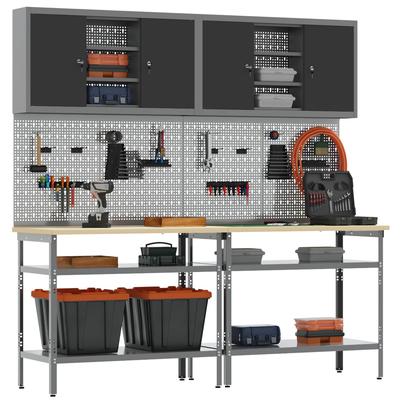 Werkbankset met plank 8 pcs Zwart en Grijs Gepoedercoat staal