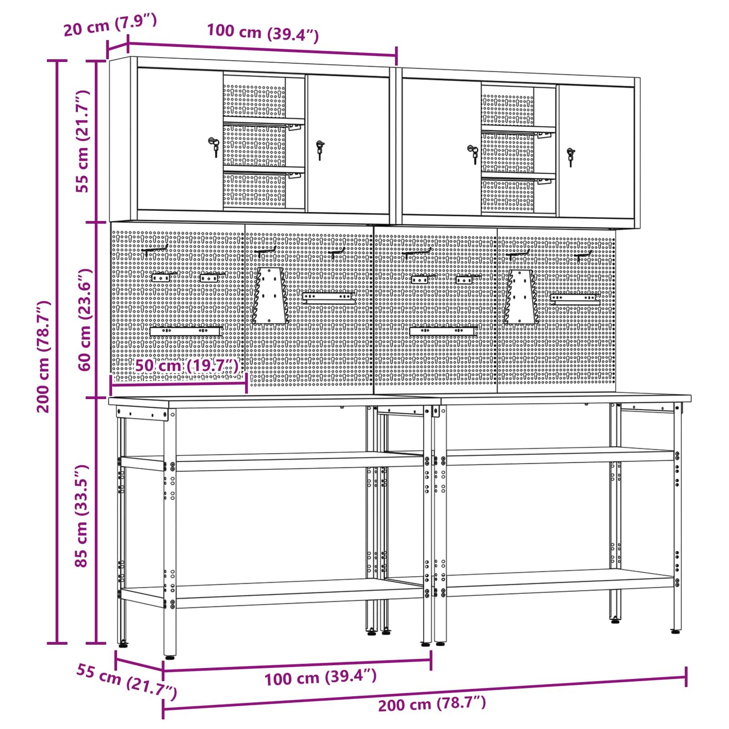 Werkbankset met plank 8 pcs Zwart en Grijs Gepoedercoat staal