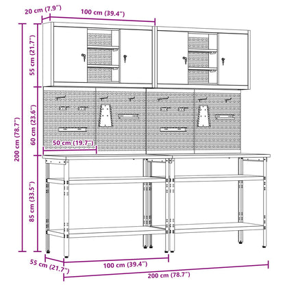 Werkbankset met plank 8 pcs Zwart en Grijs Gepoedercoat staal