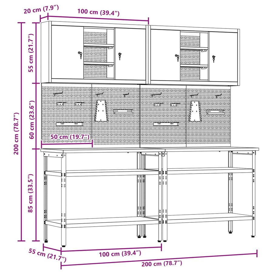 Werkbankset met plank 8 pcs Zwart en Grijs Gepoedercoat staal