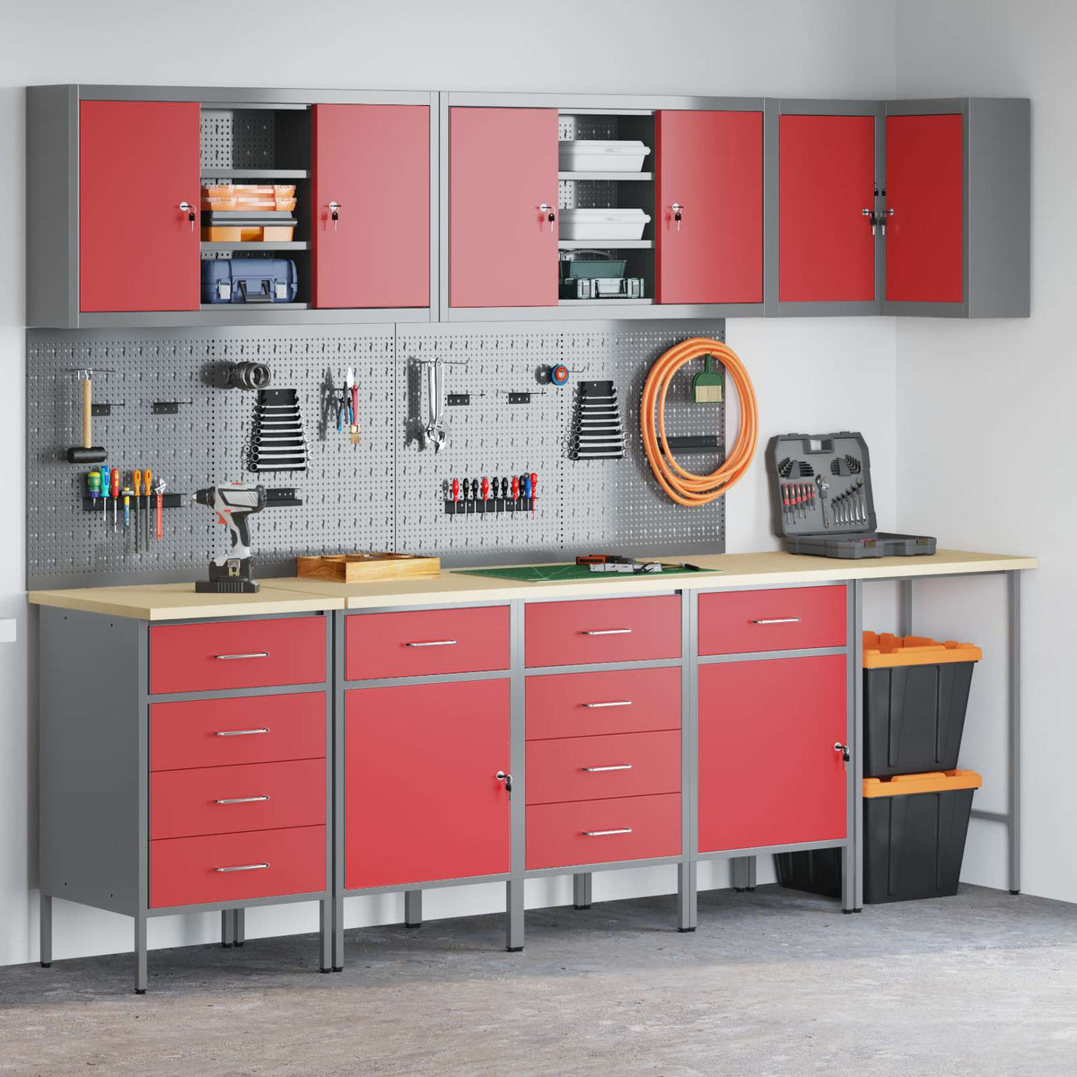 Werkkast set met lade met plank met opslag 12 pcs Rood en Grijs