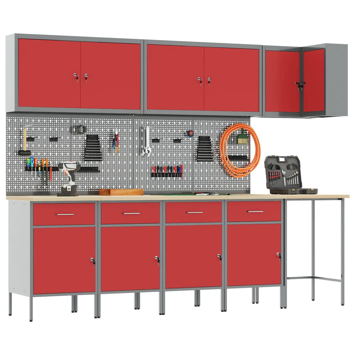 Werkkast set met lade met plank met opslag 12 pcs Rood en Grijs