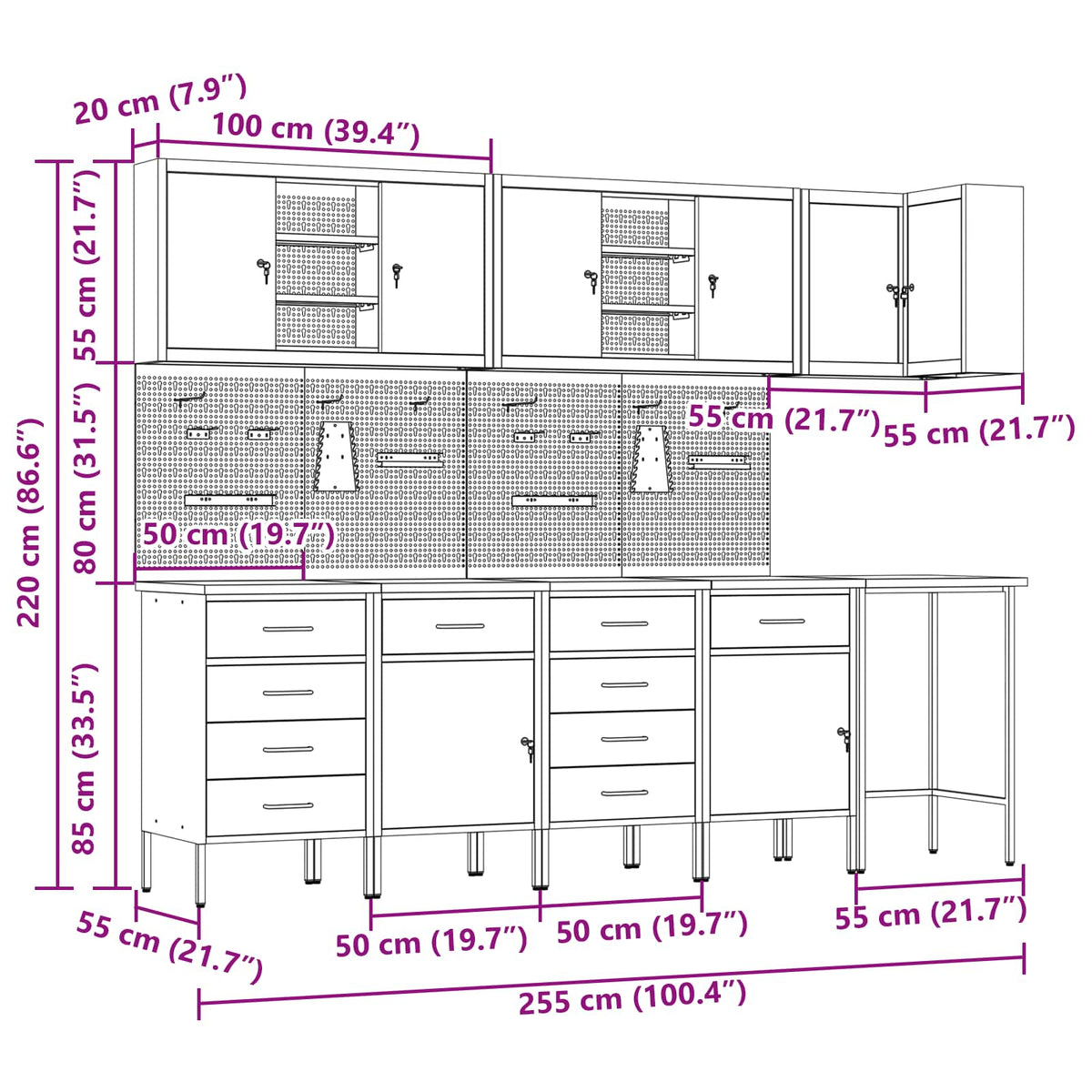 Werkkast set met lade met plank met slot 12 pcs Zwart en Grijs