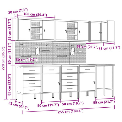 Werkkast set met lade met plank met slot 12 pcs Zwart en Grijs