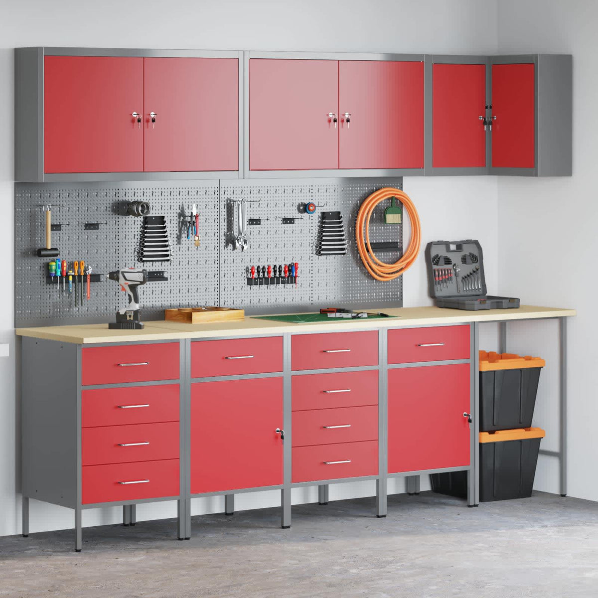 Werkkast set met lade met plank met opslag 12 pcs Rood en Grijs