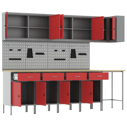 Werkkast set met lade met plank met opslag 12 pcs Rood en Grijs