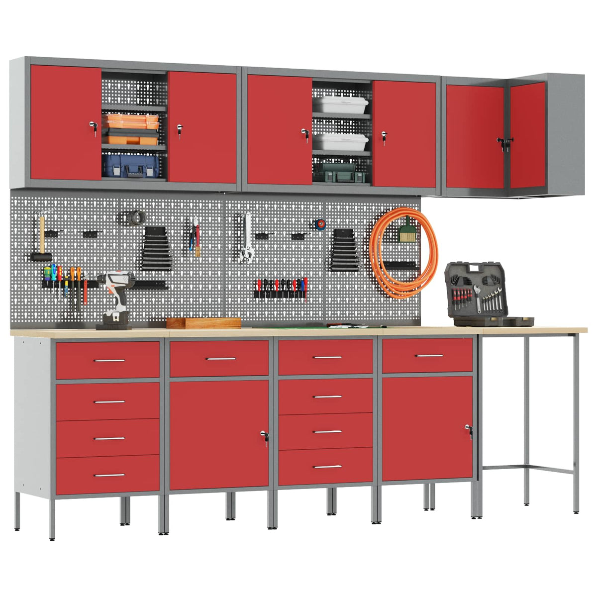 Werkkast set met lade met plank met slot 12 pcs Zwart en Grijs