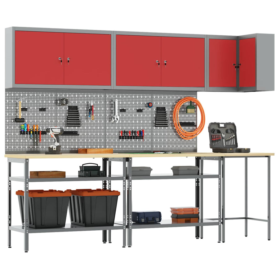 Werkkast set met plank met opslag met slot 10 pcs Rood en Grijs