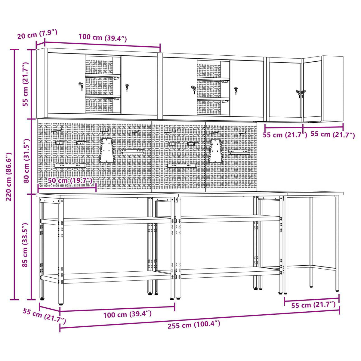 Werkkast set met plank met opslag met slot 10 pcs Rood en Grijs