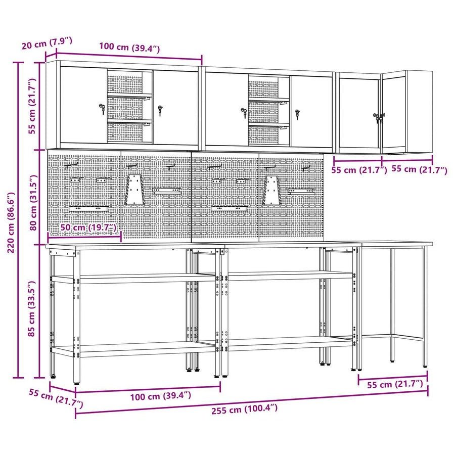 Werkkast set met plank met opslag met slot 10 pcs Rood en Grijs