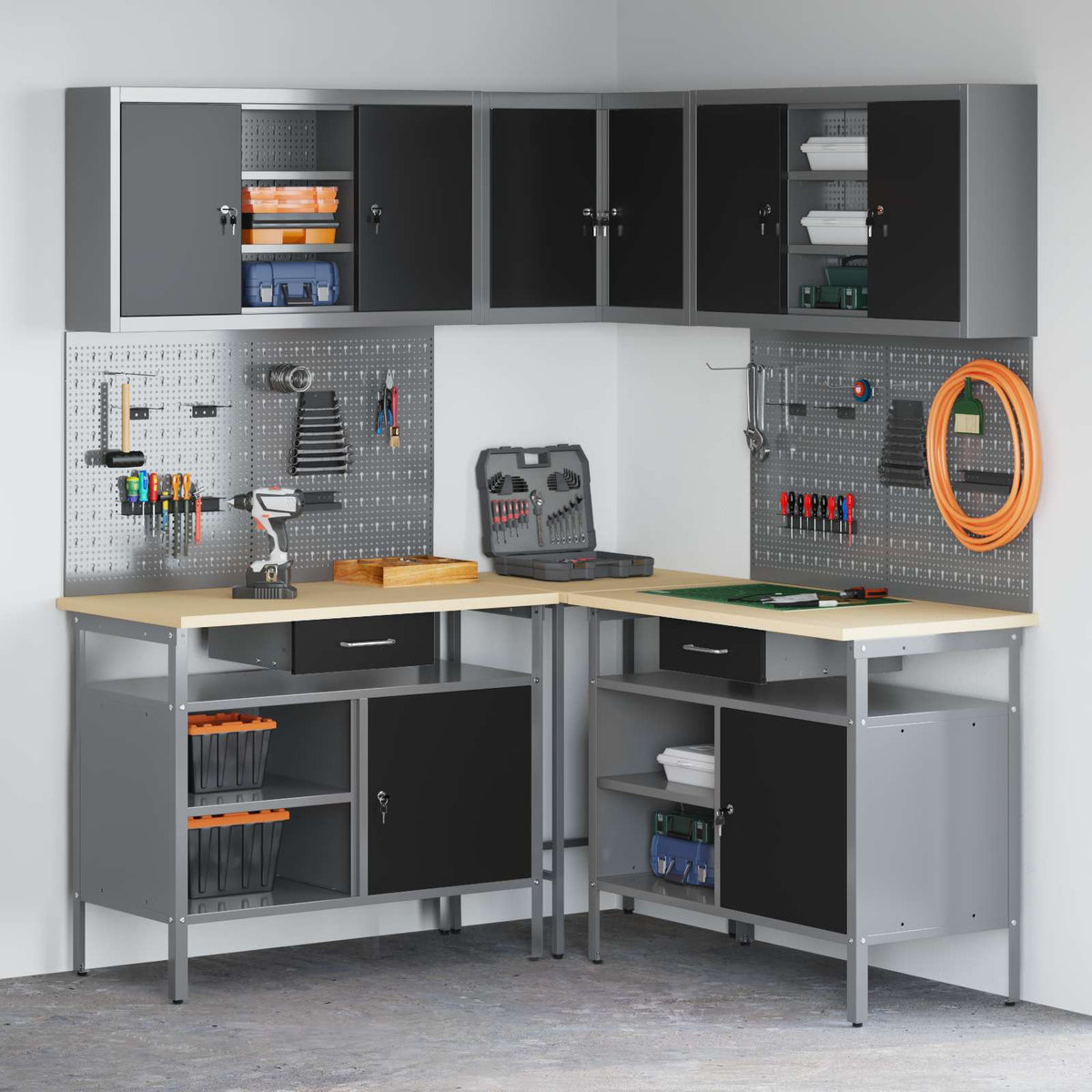 Werkkast set met lade met plank met slot 10 pcs Zwart en Grijs