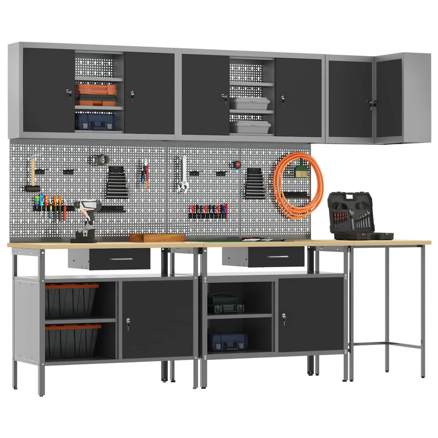 Werkkast set met lade met plank met slot 10 pcs Zwart en Grijs