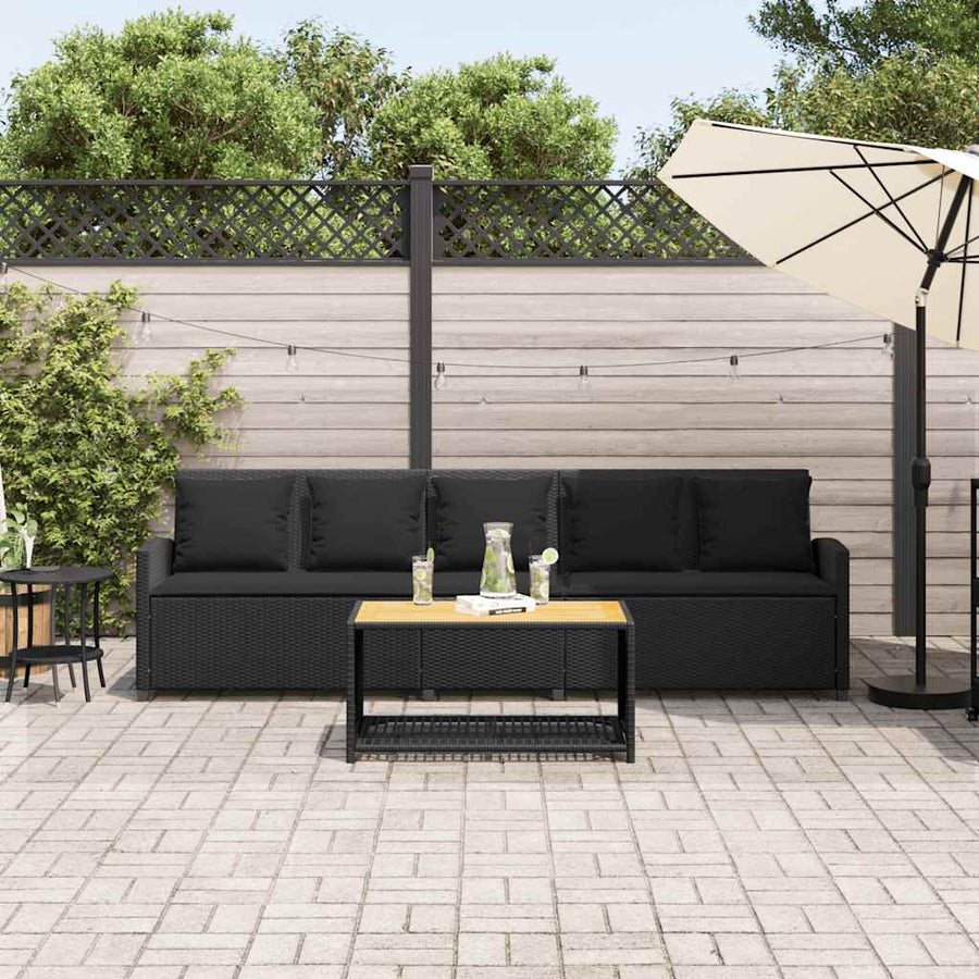 Tuinbank 5-zits met kussens poly rattan zwart
