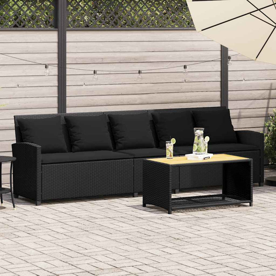 Tuinbank 5-zits met kussens poly rattan zwart