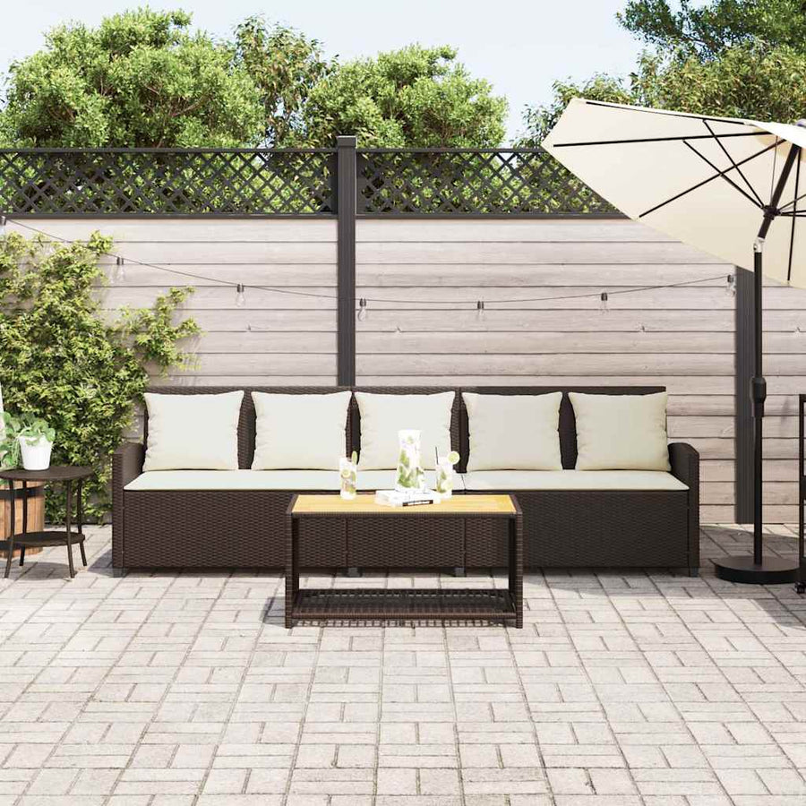 Tuinbank 5-zits met kussens poly rattan bruin