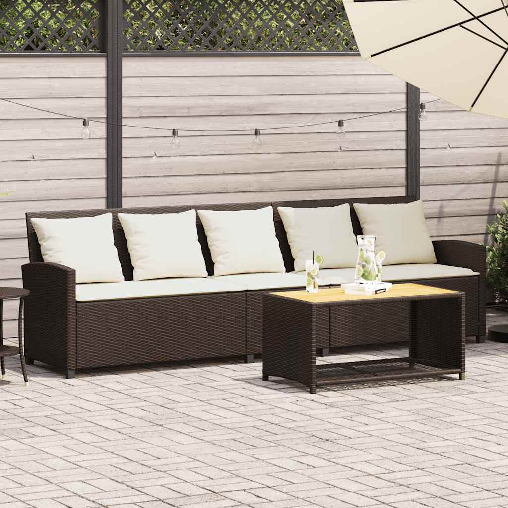Tuinbank 5-zits met kussens poly rattan bruin