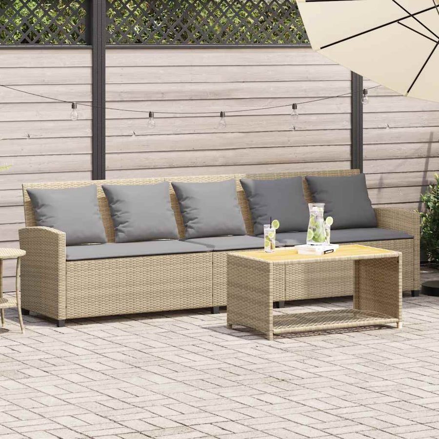 Tuinbank 5-zits met kussens poly rattan beige