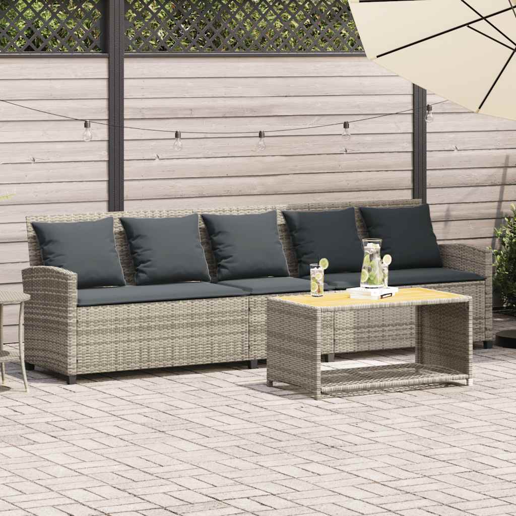 Tuinbank 5-zits met kussens poly rattan lichtgrijs