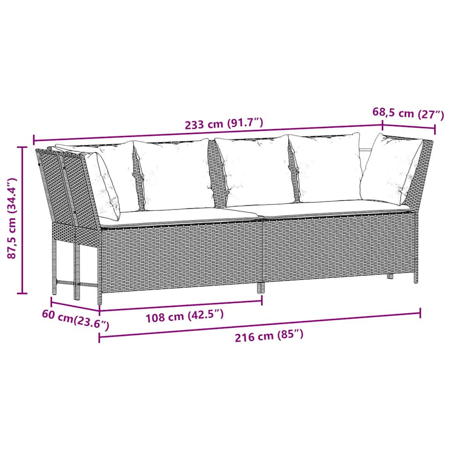 Tuinbank met kussens poly rattan grijs