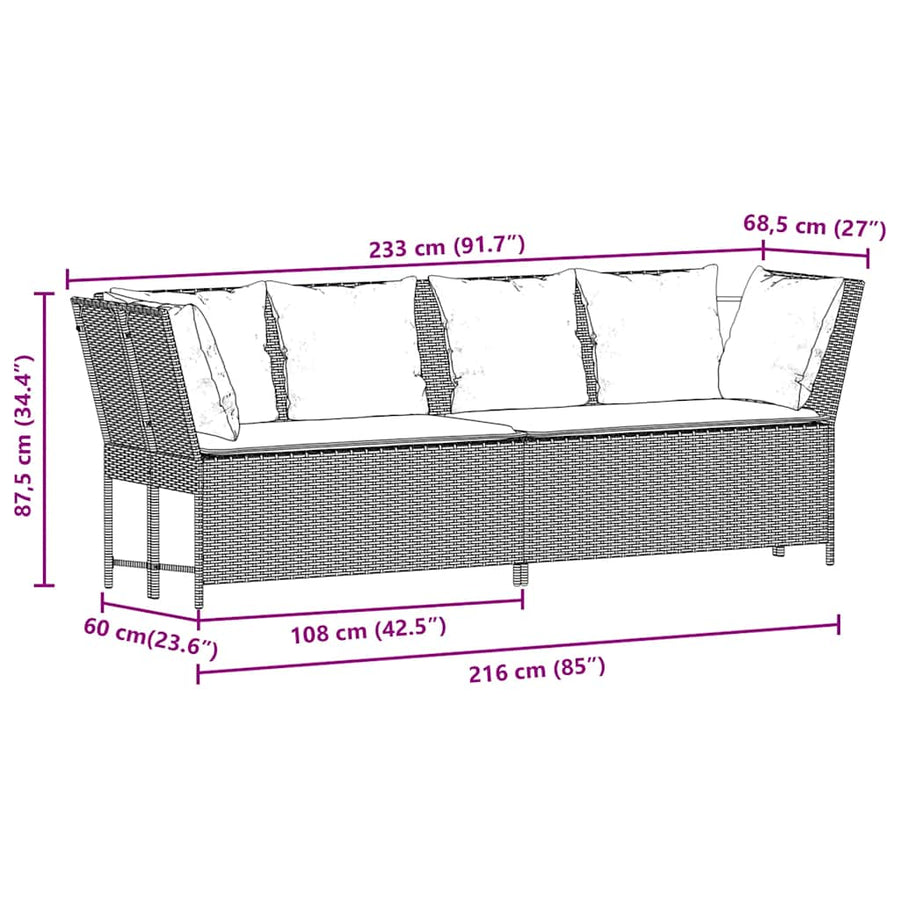 Tuinbank met kussens poly rattan bruin