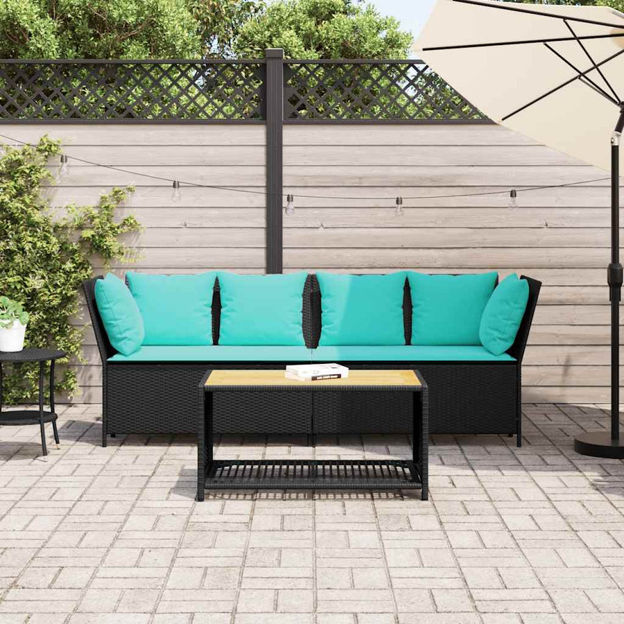 Tuinbank met kussens poly rattan zwart