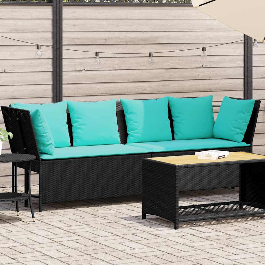 Tuinbank met kussens poly rattan zwart