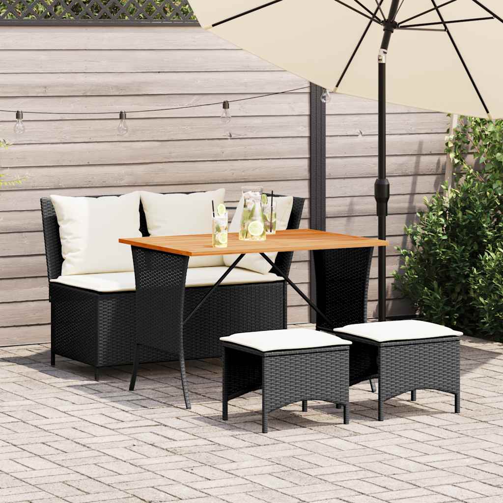 4-delige Tuinset met kussens poly rattan zwart