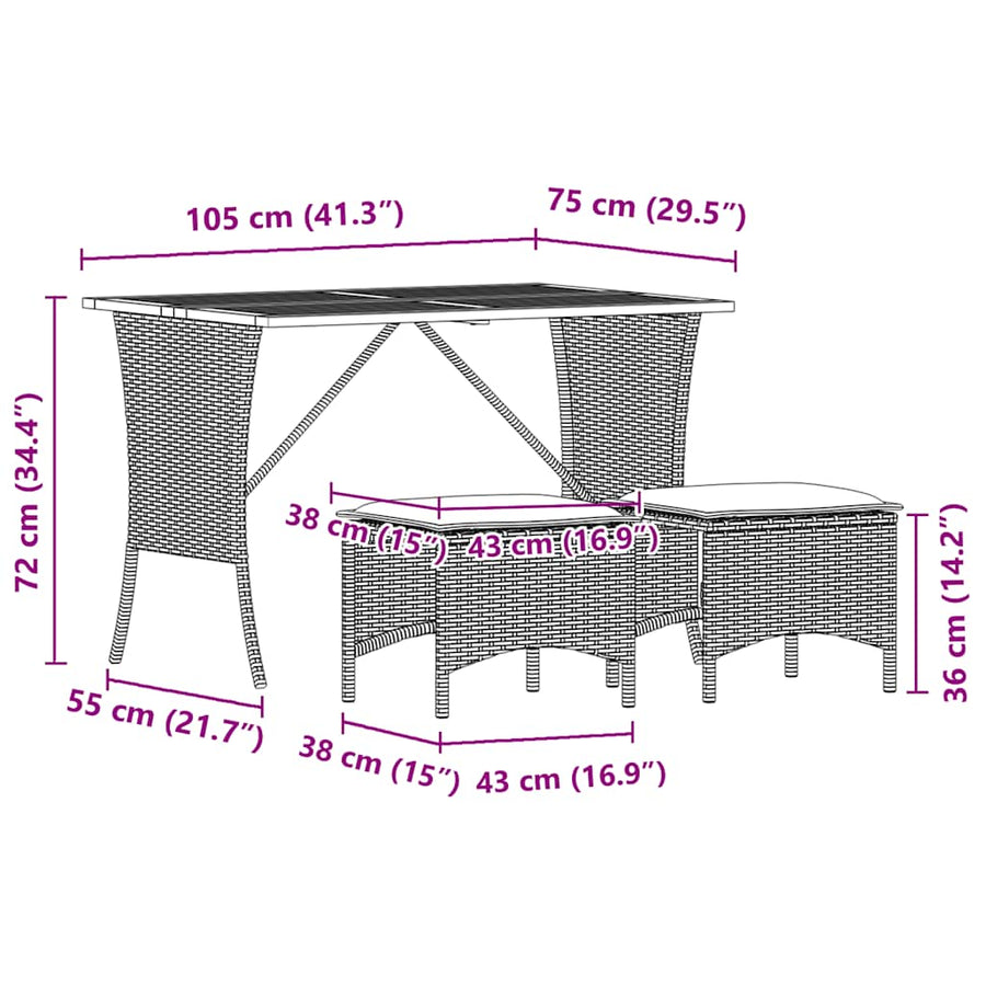 3-delige Tuinset met kussens poly rattan grijs