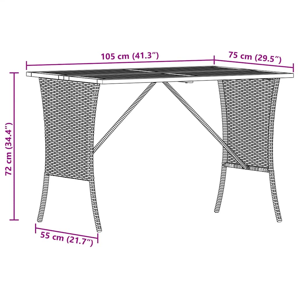 Tuintafel met acaciahouten blad 105x75x72 cm poly rattan zwart