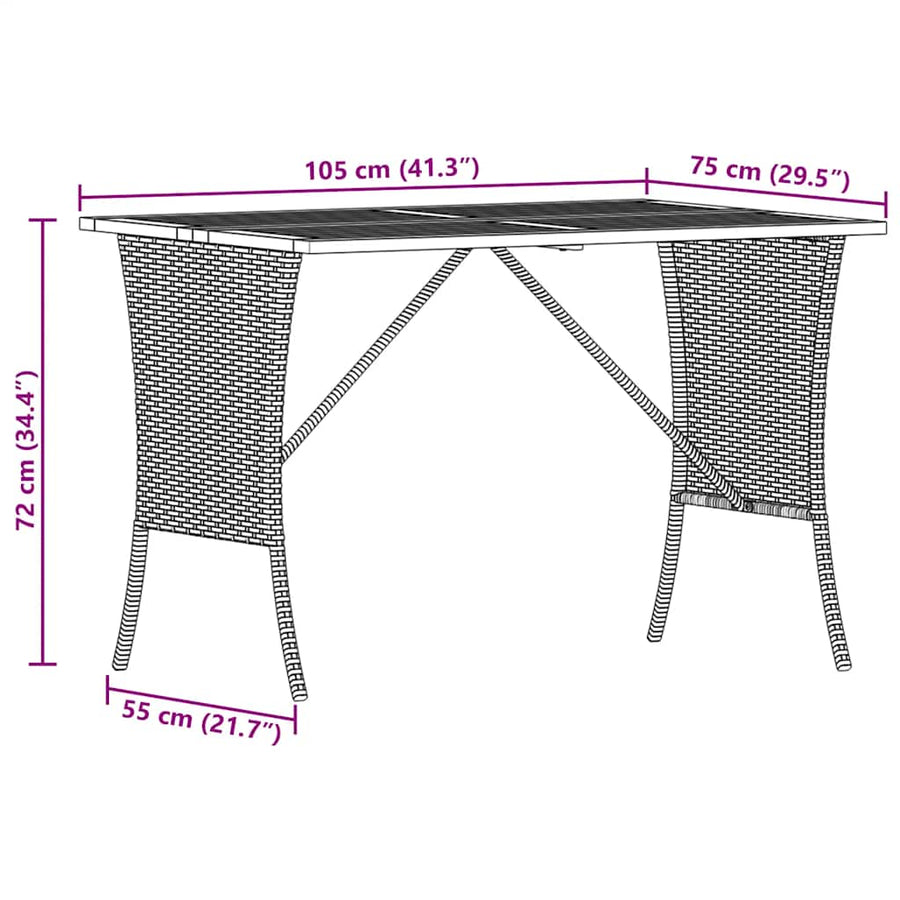 Tuintafel met acaciahouten blad 105x75x72 cm poly rattan zwart