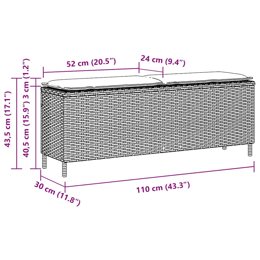 Tuinbank met kussen 110x30x40,5 cm poly rattan lichtgrijs