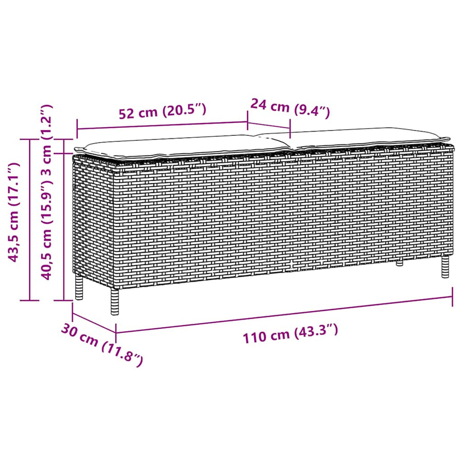Tuinbank met kussen 110x30x40,5 cm poly rattan lichtgrijs