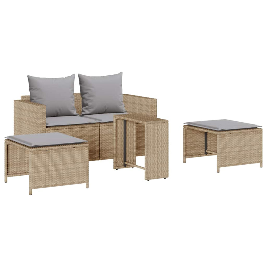 5-Delige Tuinbankstel Met Kussens Stapelbaar Poly Rattan Beige Lichtgrijs