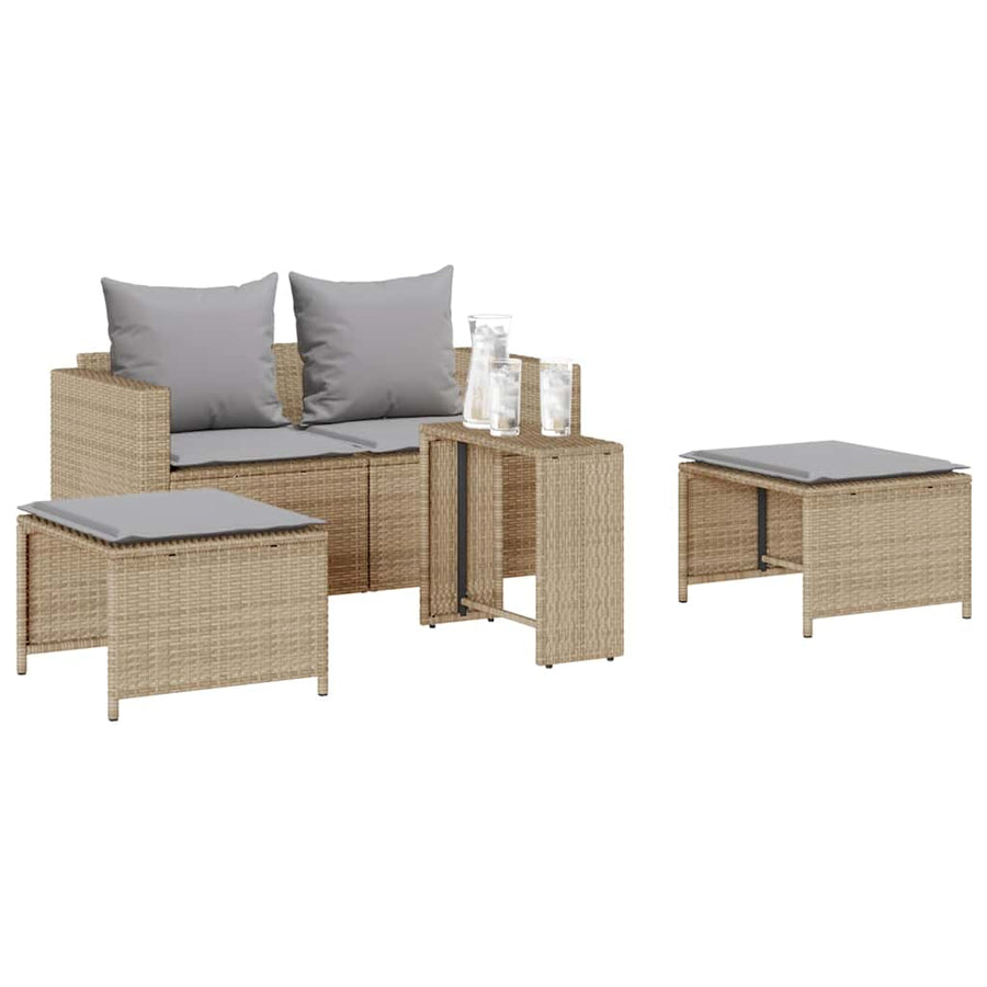 5-Delige Tuinbankstel Met Kussens Stapelbaar Poly Rattan Beige Lichtgrijs