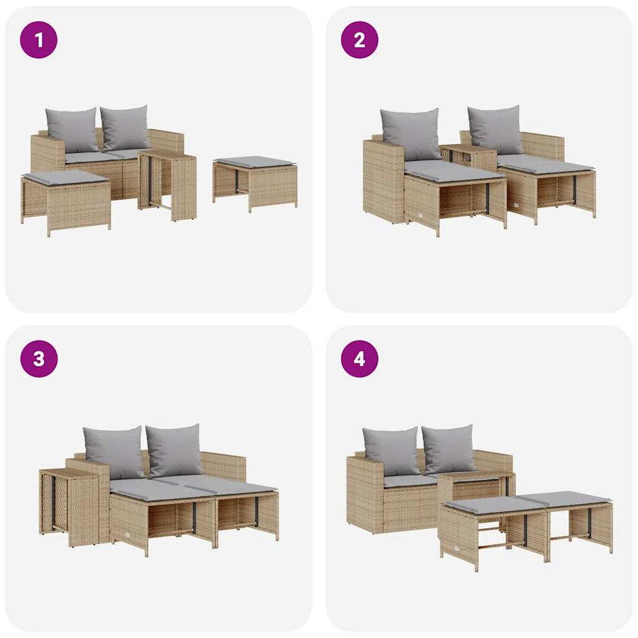 5-Delige Tuinbankstel Met Kussens Stapelbaar Poly Rattan Beige Lichtgrijs